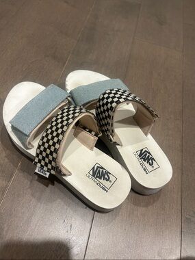 Vans Kids Two-Strap Slides with Checkerboard & Light Blue Straps